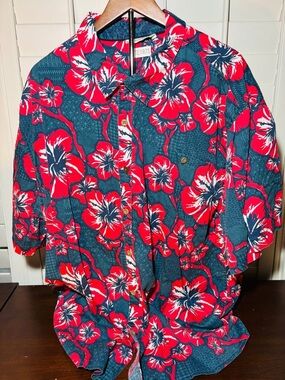 TERRITO Floral Button-Up Shirt in Teal & Red Men’s 4XL